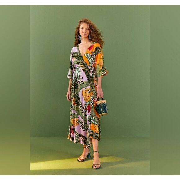 FARM RIO Mixed Striped Bananas Maxi Wrap Dress, Size XS - Picture 3 of 14